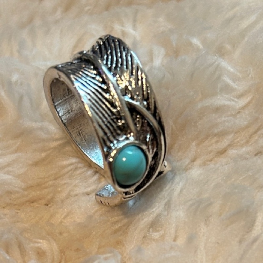 Silver Feather Ring with Turquoise Accent